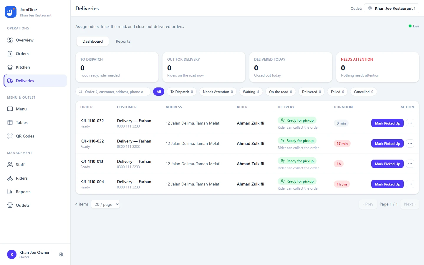 The JomDine Deliveries screen showing dispatchable delivery orders with their riders and statuses