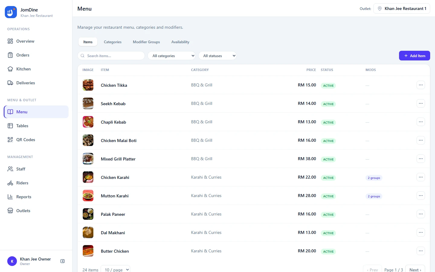 The JomDine Menu management screen with categories and menu items