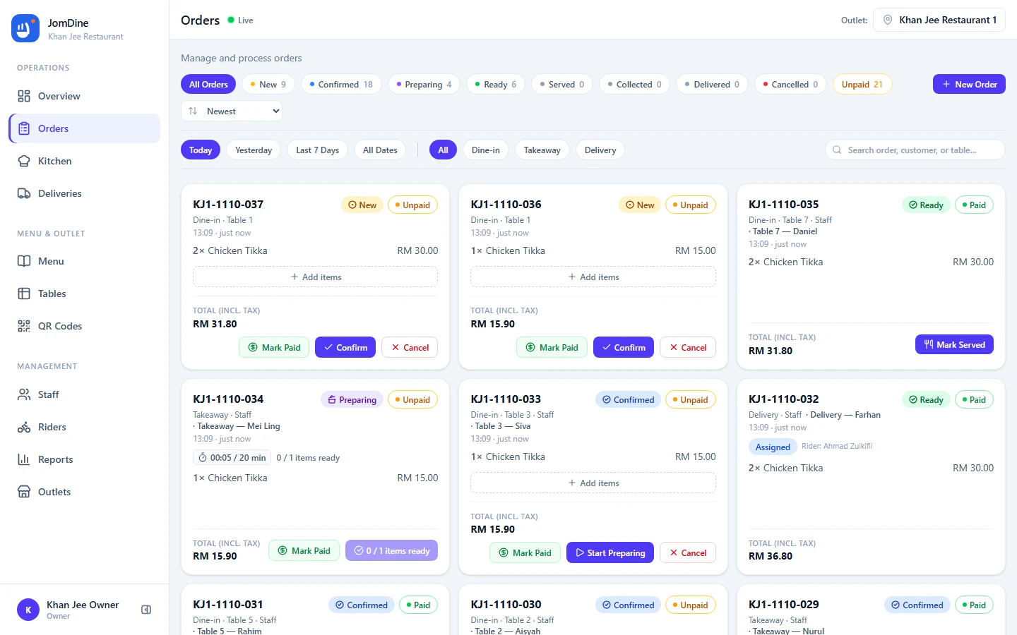 The JomDine Orders screen with live orders, statuses and payment information
