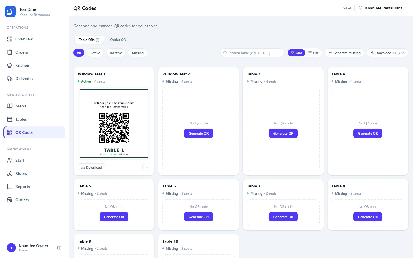 The JomDine QR Codes screen with per-table QR codes ready to print or download