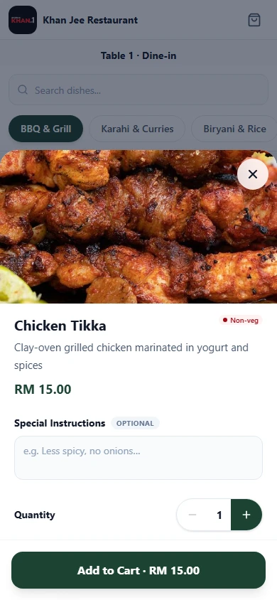 Item details with photo, description, price and quantity