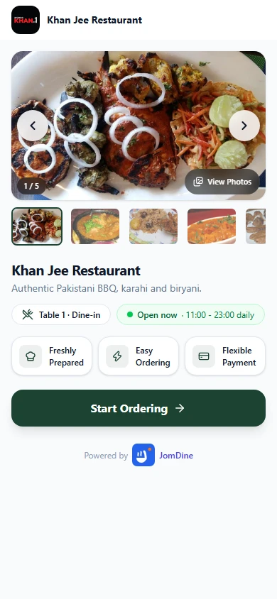 JomDine customer landing after scanning the table QR code